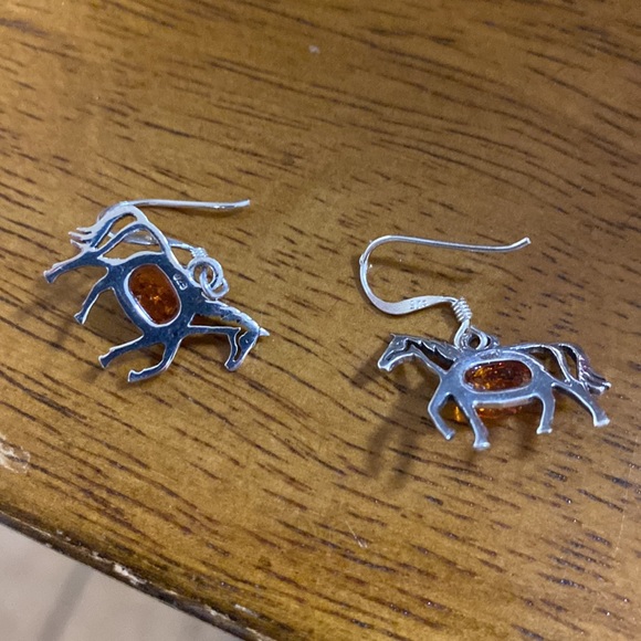 Amber Sterling Silver Horse Dangle Pierced Earrings - Picture 2 of 3